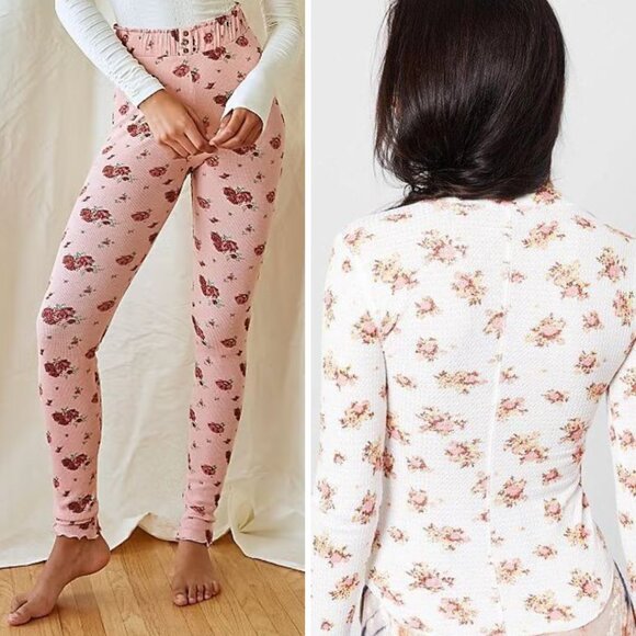 Free People - Blossom Knit Sleep Set Pants & LS Top | XS | Pink & White Floral - Picture 3 of 15